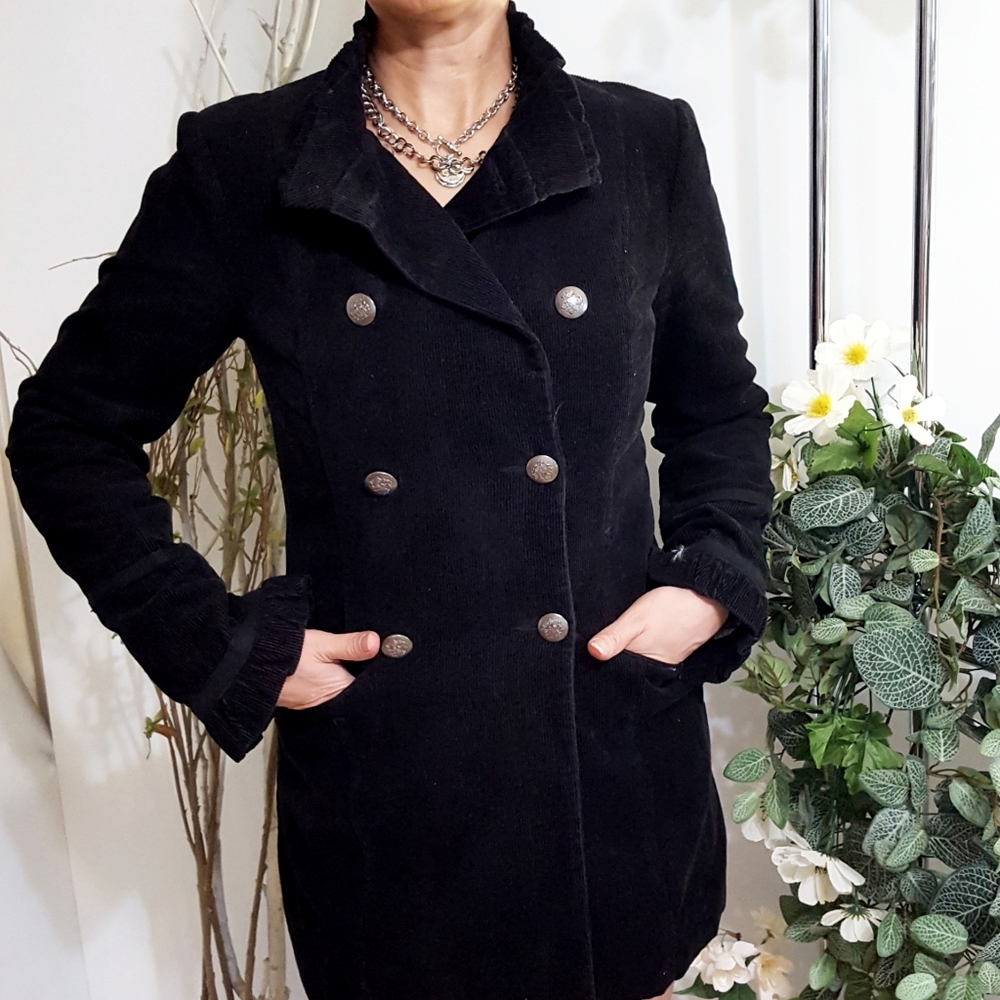90's-Y2K Couture🖤Black Corduroy Double Breasted Jacket/Blazer Coat